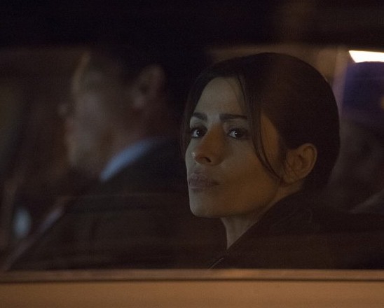 Sameen (Sarah Shahi) et Lionel (Kevin Chapman) dans une voiture